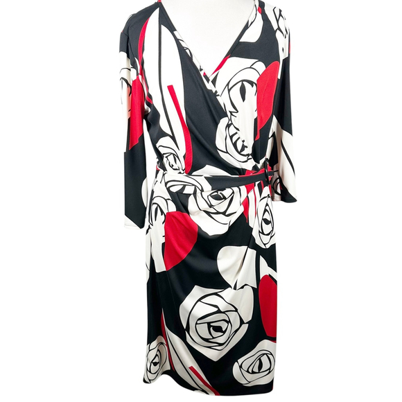 David Meister Faux Wrap Dress Buckle Tie Waist Floral Print Jersey Knit Size 14 - Picture 2 of 9